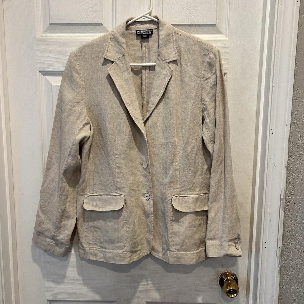 VTG Lands' End Linen Blend Blazer Jacket‎ Beige Size 14 Regular Career Spring